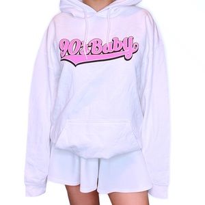90s Baby White Pink Pullover Hoodie Sweatshirt